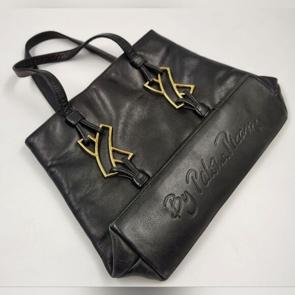 Paloma Picasso Vintage Black Leather Tote Bag Purse   w/Gold Accents - Picture 10 of 15